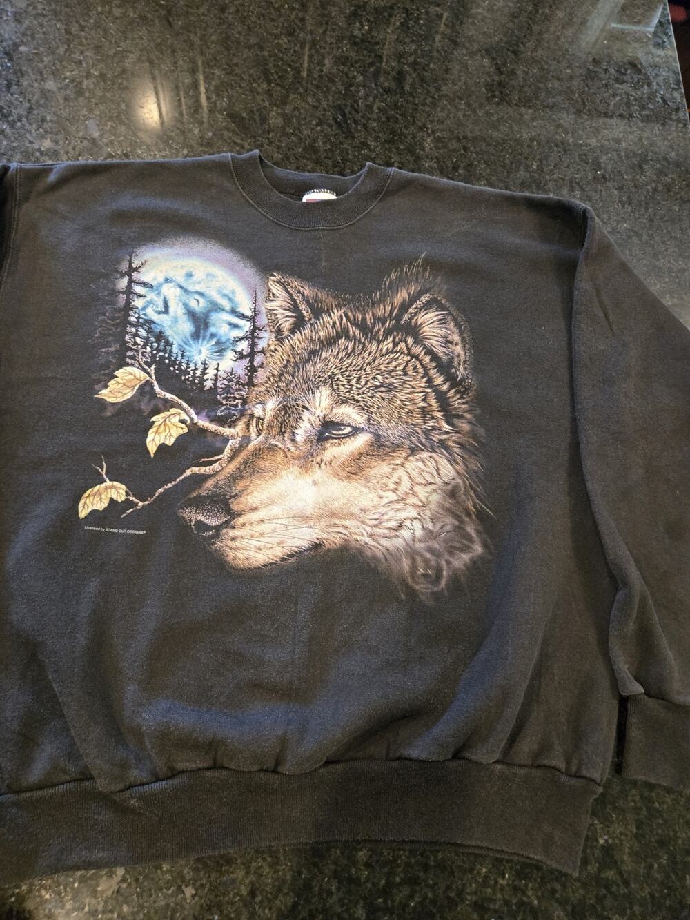 Vintage Hanes Crewneck Gray Sweatshirt Wolf Moon Motif XL